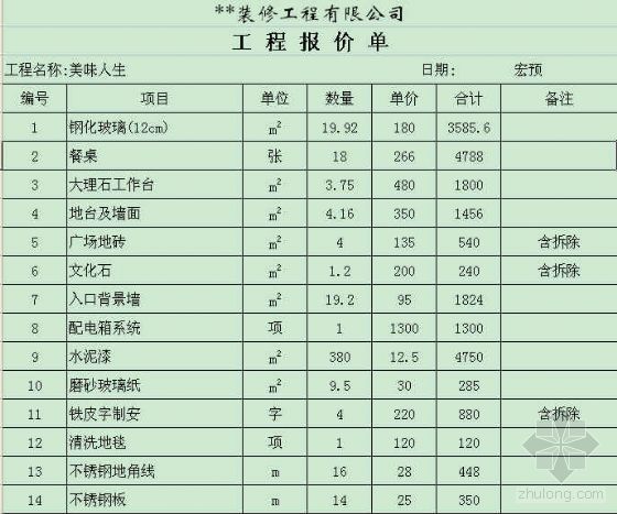 福建某装饰公司7份九游体育报价表