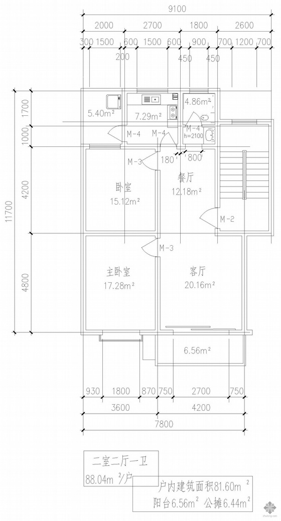 板式多层单户二室二厅一卫户型图(88)