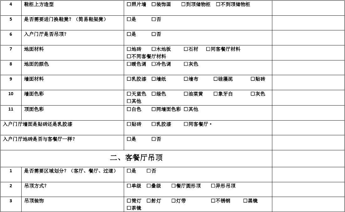 室内设计师客户问答_室内九游体育客户需求问答_客户九游体育需求登记表