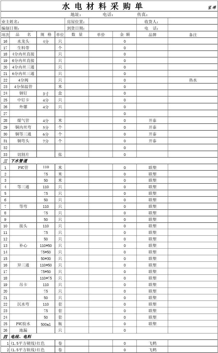 水电材料预算_九游体育水电材料报价单_九游体育水电材料有哪些品牌