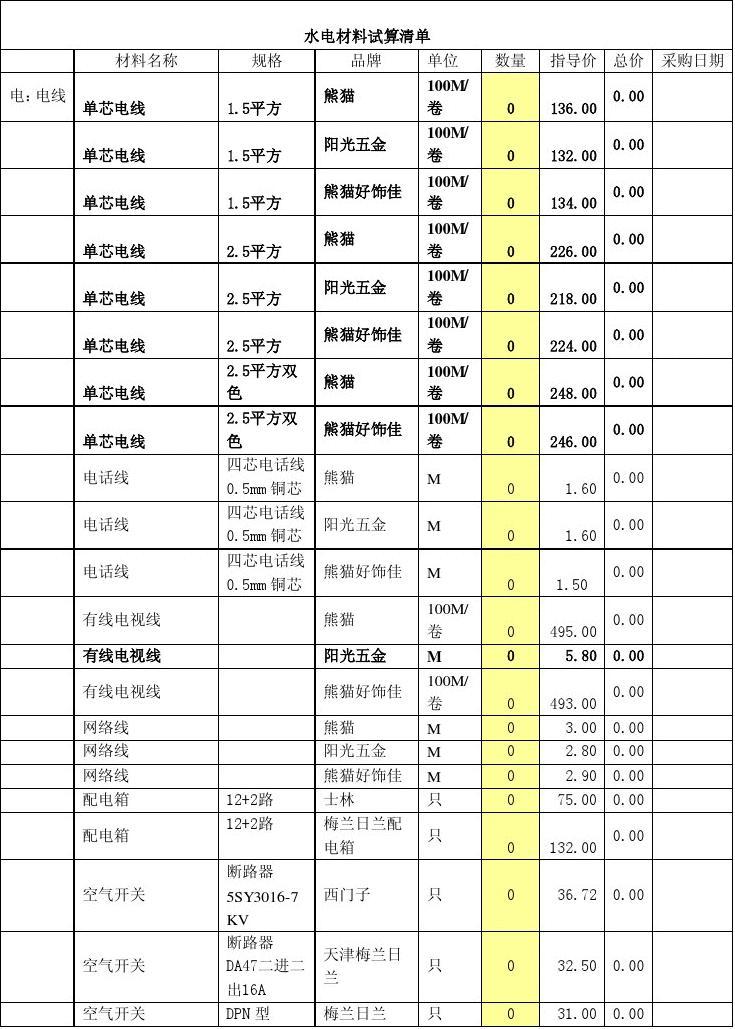 家装水电材料报价_九游体育水电材料清单西安_家装水电材料采购单