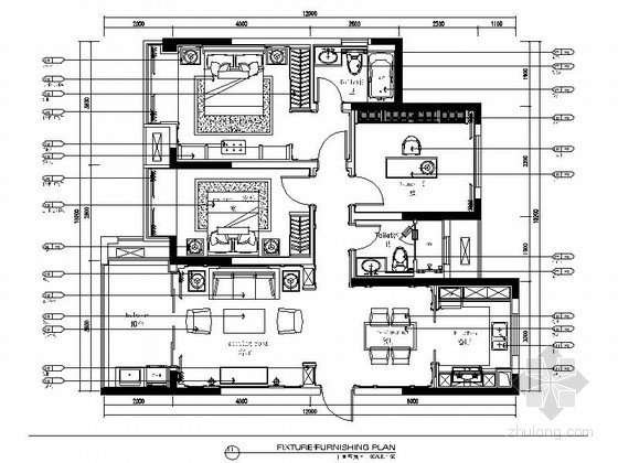 [江苏]115㎡法式新古典两室一厅九游体育CAD施工图（含效果图）