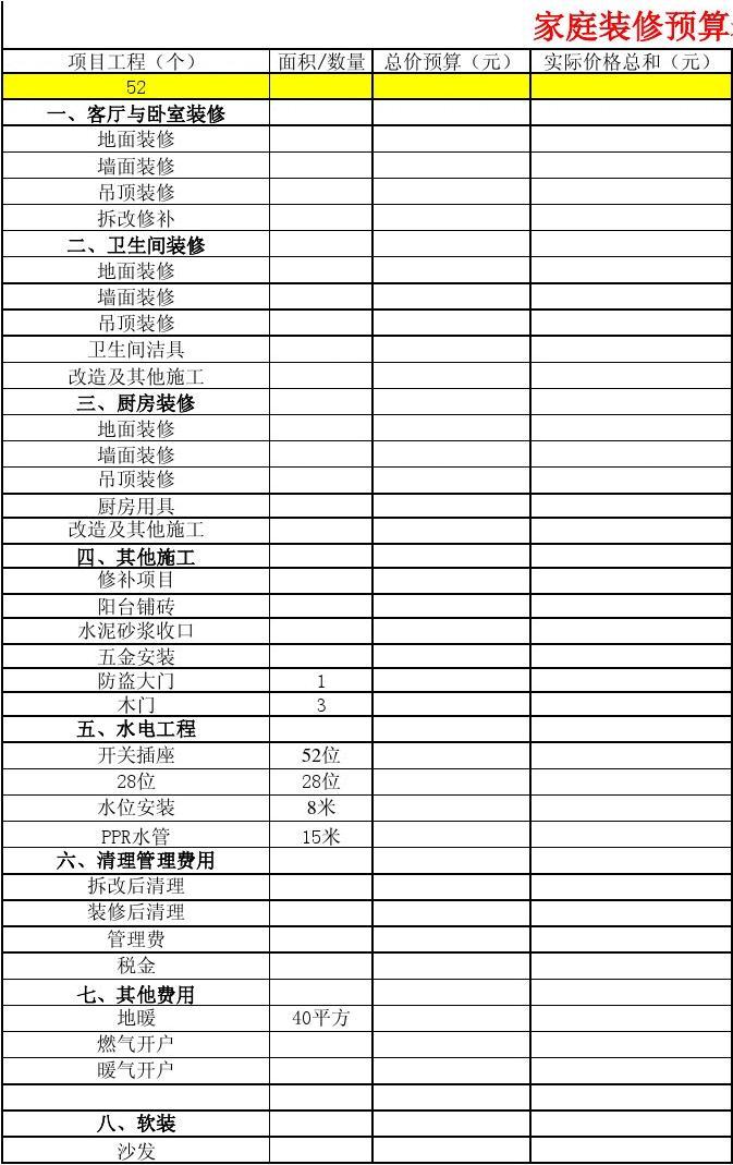 家庭九游体育施工预算表_水电改造预算施工工艺_九游体育报价预算