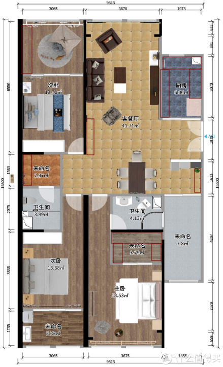 不知为啥自定义的柜子没法在这个平面图中显示出来。大家意会吧