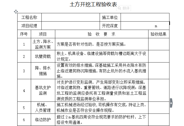 [工程验收]土方开挖工程验收表