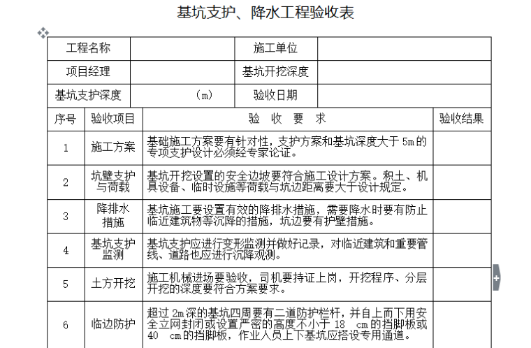 基坑支护、降水工程验收表