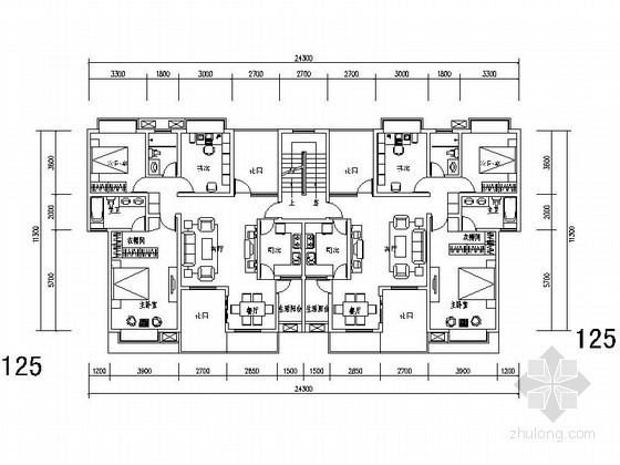 多层板式双花园住宅户型平面图（125平方米）