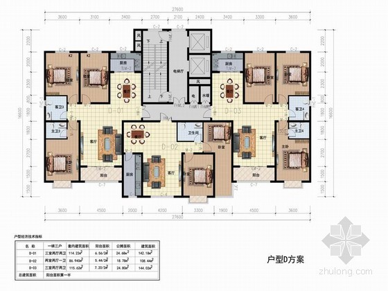 高层住宅一梯三户型平面图（108、142平方米）