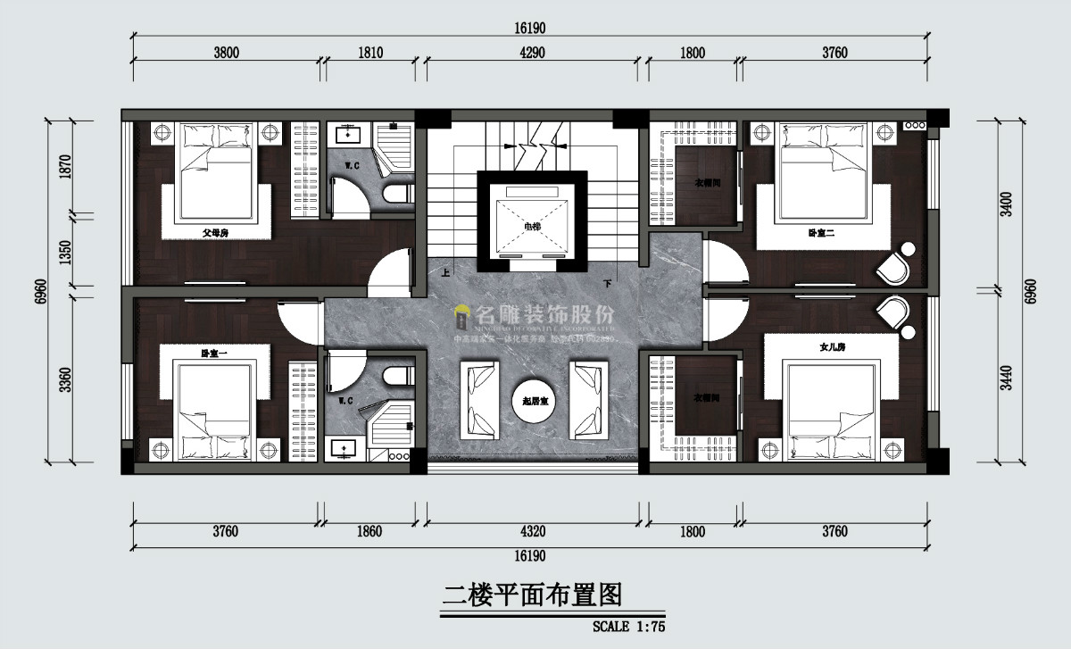 新中式九游体育效果图-东城艺墅-别墅-二楼平面布置图