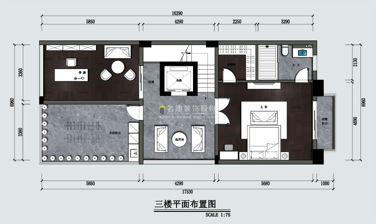 新中式九游体育效果图-东城艺墅-别墅-三楼平面布置图