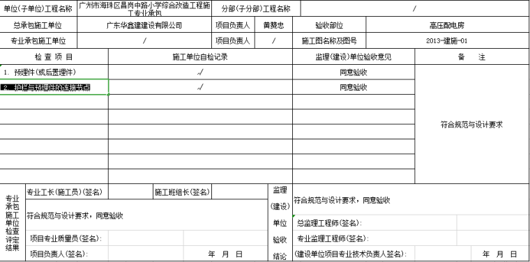 高压配电房细部隐蔽工程质量验收记录（Excel表格）