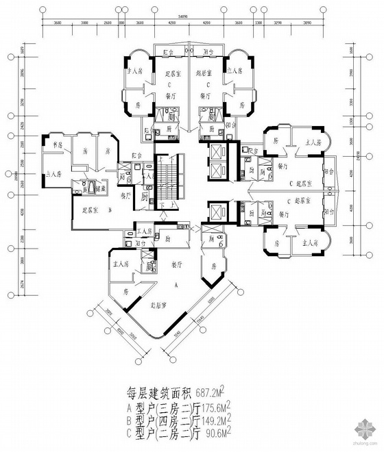 塔式高层一梯三户户型图(176/149/91)