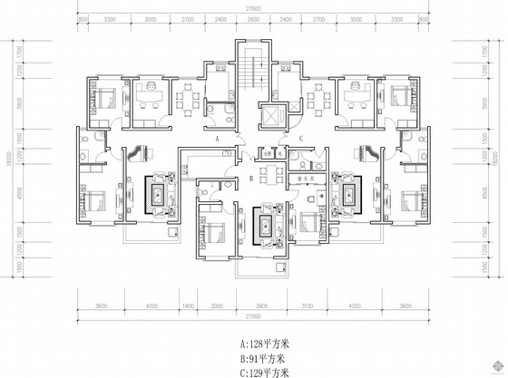 塔式高层一梯三户户型图(128/91/129)