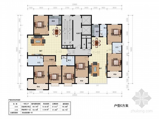 高层住宅一梯二户型平面图（192、160平方米）