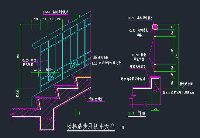 楼梯踏步及扶手施工图大样