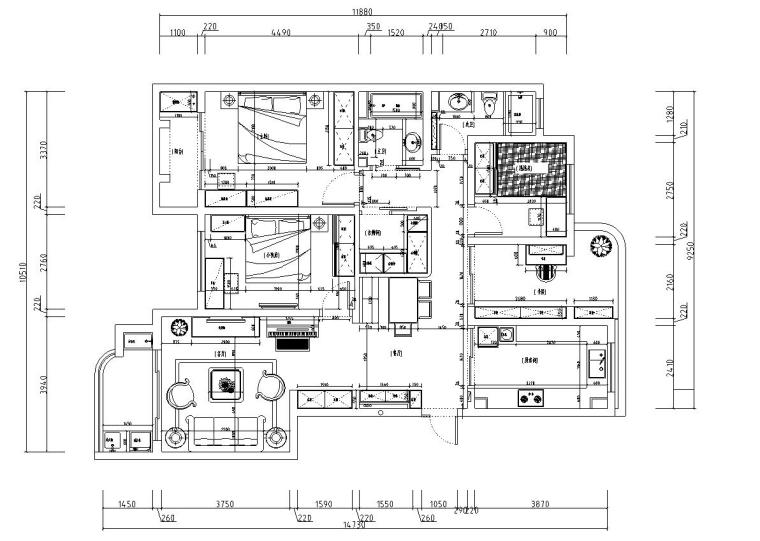 四室两厅室内施工图设计(现代田园风格)