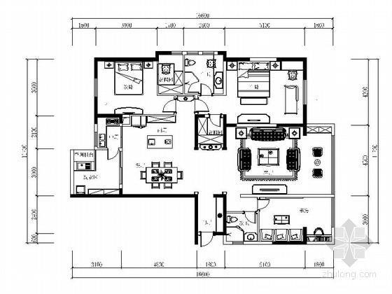 [成都]独特现代美式三居室样板间CAD九游体育施工图（含软装图）