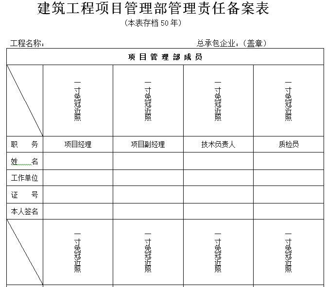 建筑工程项目管理部管理责任备案表