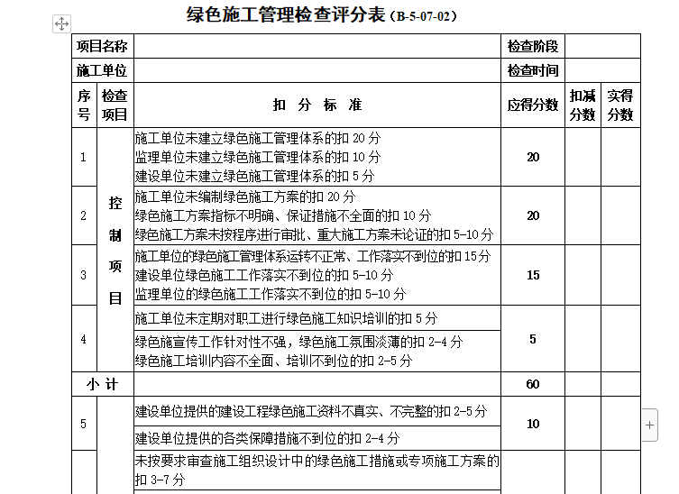 绿色施工管理检查评分表