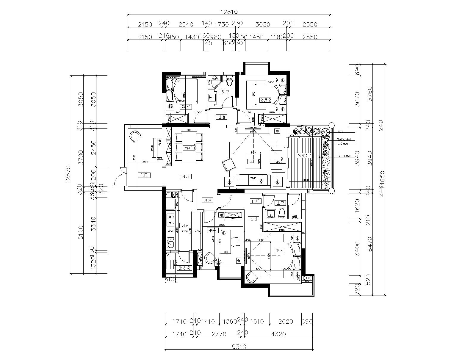 欧式风格三居室住宅九游体育施工图+效果图