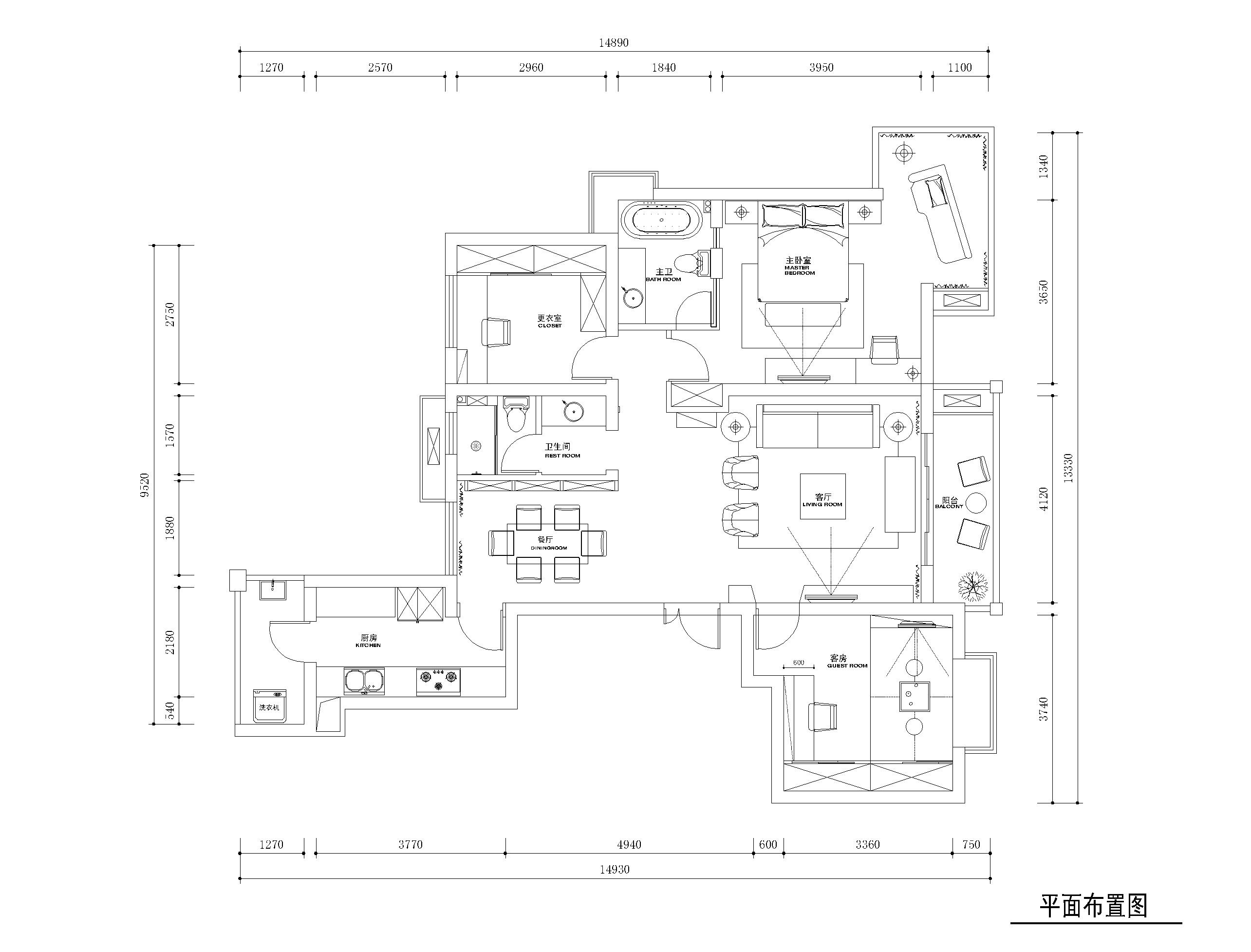 常熟130平三居室住宅九游体育施工图+效果图