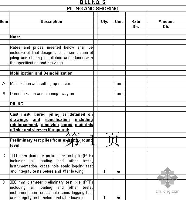 某塔楼项目工程清单报价表（英文）