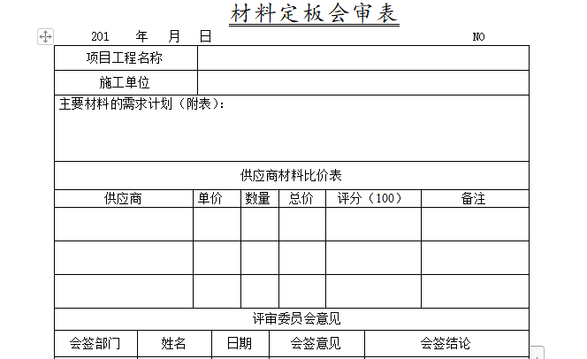 材料定板会审表