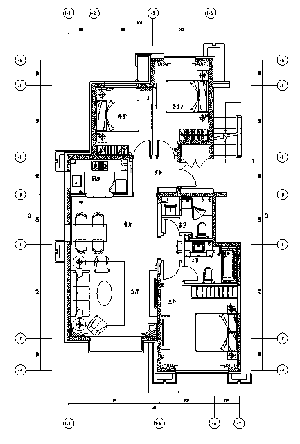 [北京]全套三居室精装样板间室内设计施工图(含效果图)