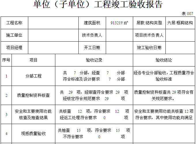 单位（子单位）工程竣工验收报告