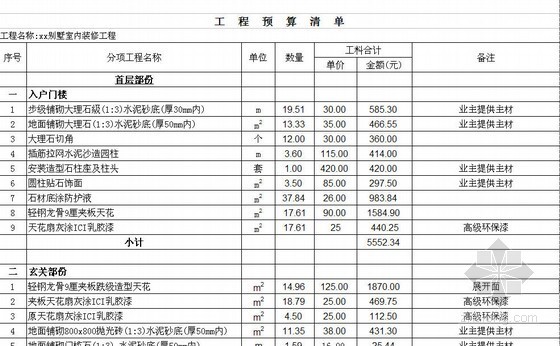 别墅室内九游体育工程清单报价