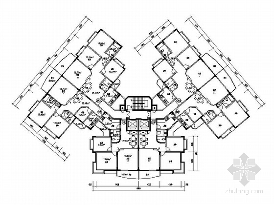 某高层住宅一梯六户型平面图（110、120平方米）