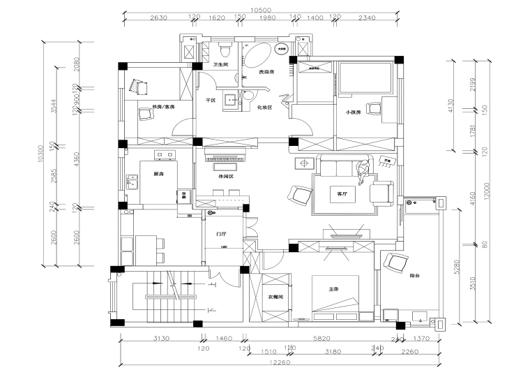 三居室田园风格住宅九游体育施工图+效果图