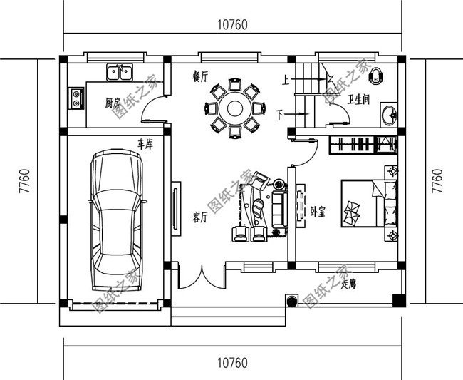 乡村一层带阁楼自建别墅设计图，带车库