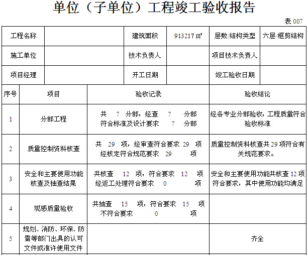 单位（子单位）工程竣工验收报告