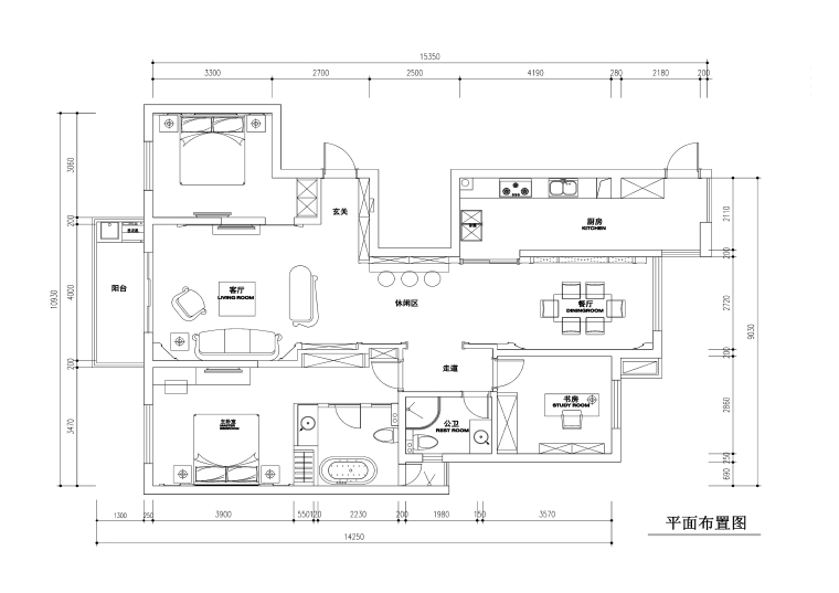 140平简欧风格平层公寓九游体育施工图+效果图