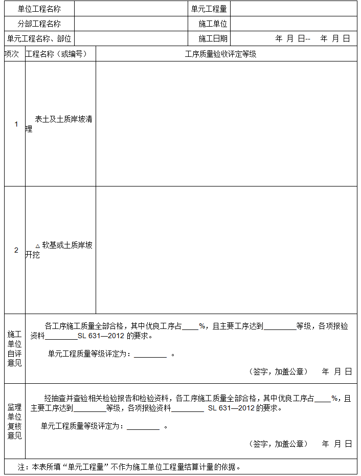 水利水电工程单元工程施工质量验收评定表及填表说明