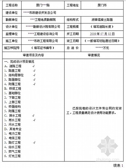 [厦门]市政工程竣工验收报告（表）填写范例