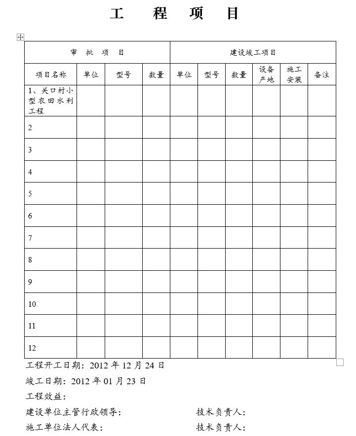 小农水水利工程竣工验收书(含决算表)