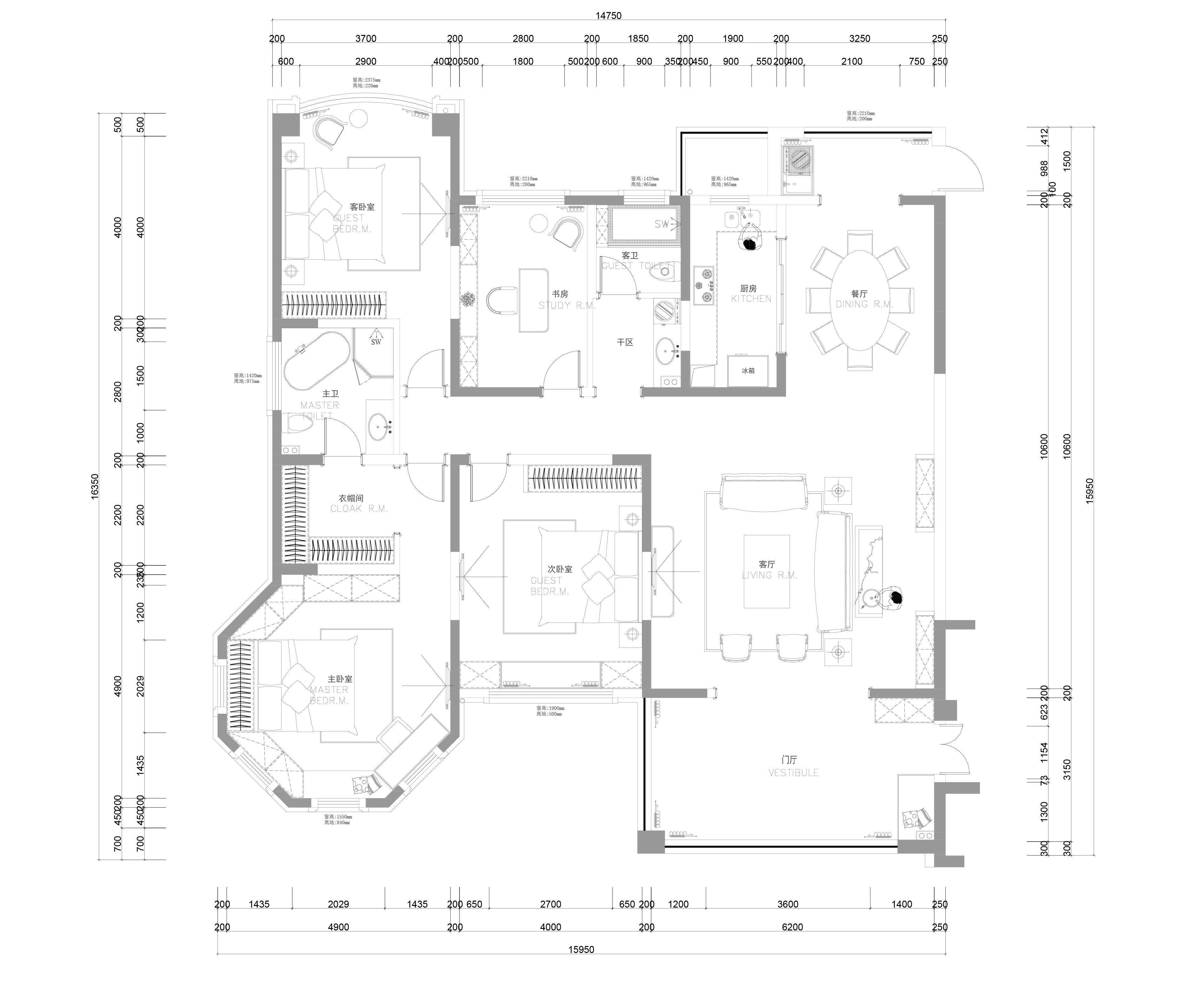 张家港君临新城三居室样板房室内九游体育施工图