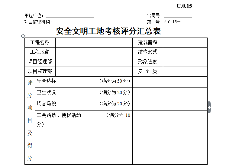 安全文明工地考核评分汇总表